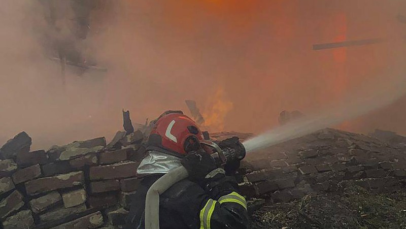 In this photo provided by the State Emergency Service of Ukraine, a residential building burns after a Russian strike in Lviv, Ukraine, Wednesday, Sept. 4, 2024. (State Emergency Service of Ukraine via AP)