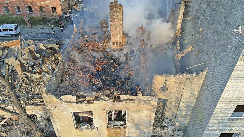 In this photo provided by the State Emergency Service of Ukraine, a residential building burns after a Russian strike in Lviv, Ukraine, Wednesday, Sept. 4, 2024. (State Emergency Service of Ukraine via AP)