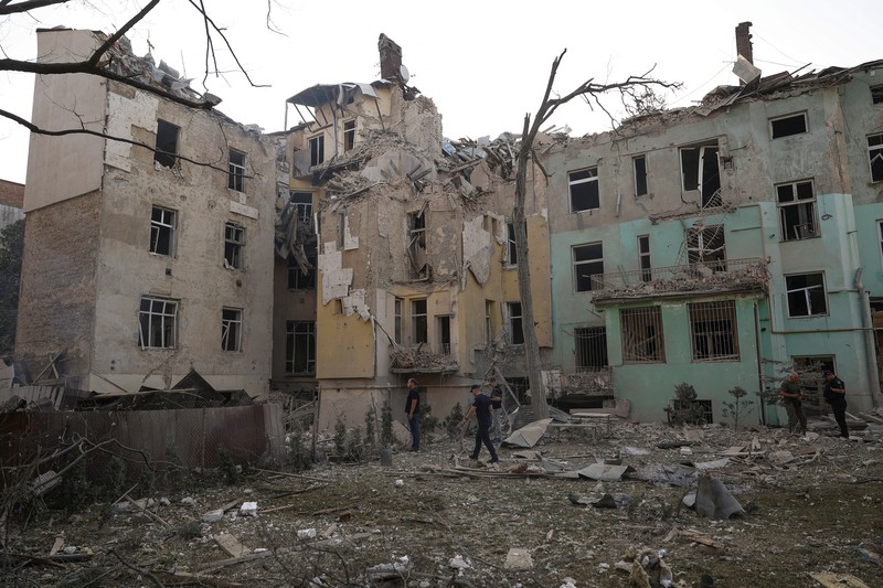 In this photo provided by the State Emergency Service of Ukraine, a residential building burns after a Russian strike in Lviv, Ukraine, Wednesday, Sept. 4, 2024. (State Emergency Service of Ukraine via AP)