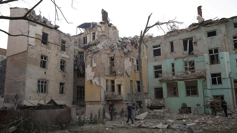 In this photo provided by the State Emergency Service of Ukraine, a residential building burns after a Russian strike in Lviv, Ukraine, Wednesday, Sept. 4, 2024. (State Emergency Service of Ukraine via AP)