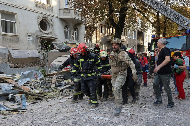 In this photo provided by the State Emergency Service of Ukraine, a residential building burns after a Russian strike in Lviv, Ukraine, Wednesday, Sept. 4, 2024. (State Emergency Service of Ukraine via AP)
