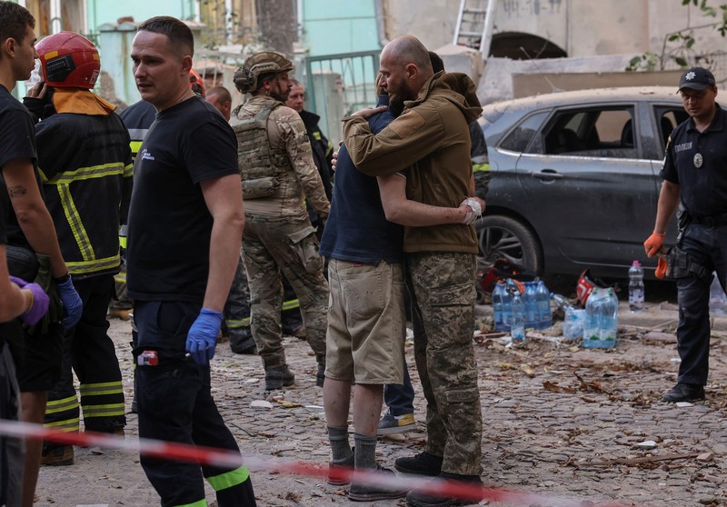 In this photo provided by the State Emergency Service of Ukraine, a residential building burns after a Russian strike in Lviv, Ukraine, Wednesday, Sept. 4, 2024. (State Emergency Service of Ukraine via AP)