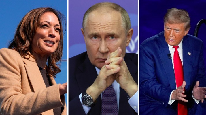 Foto Kombinasi; Kamala Harris, Putin, dan Trump. (AP Photo)