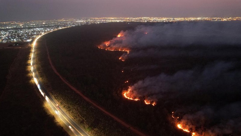 Pemandangan drone menunjukkan kebakaran hutan di area Hutan Nasional Brasilia, di Brasilia, Brasil, 4 September 2024. (REUTERS/Adriano Machado)