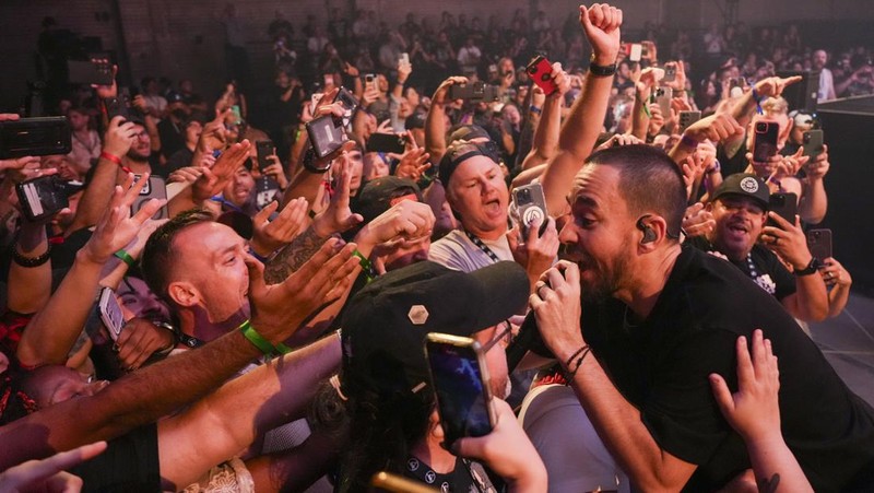 Emily Armstrong, from left, Phoenix, and Alex Feder (filling in for guitarist Brad Delson) of Linkin Park perform Thursday, Sept. 5, 2024, in Los Angeles. It was announced on Thursday that Dead Sara's Emily Armstrong would join as the band's new co-singer and songwriter/producer Colin Brittain would join on drums. Linkin Park will release the album 