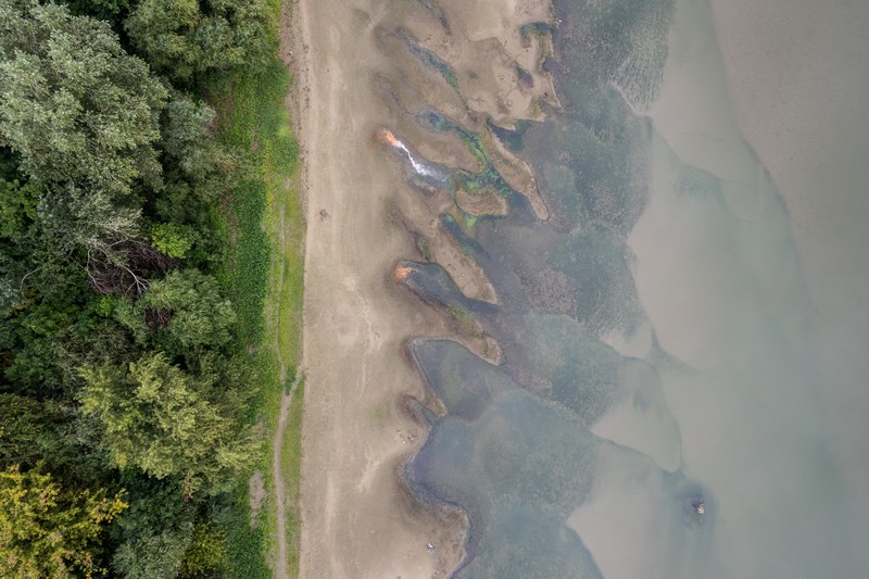 Kondisi dasar sungai Tisza yang sebagian kering di dekat Nagykoru, Hongaria, Rabu (11/9/2024). (REUTERS/Marton Monus)