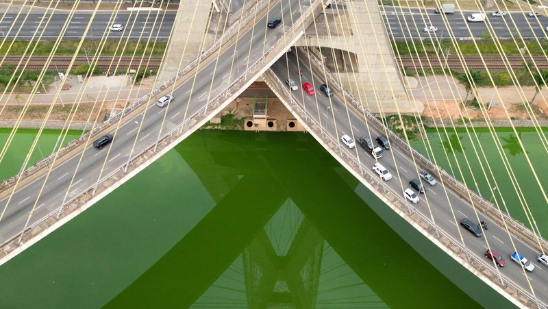 Pemandangan drone menunjukkan perkembangbiakan alga yang mengubah Sungai Pinheiros menjadi hijau setelah cuaca kering dan kurangnya hujan mengurangi kontribusi anak sungai, meningkatkan konsentrasi nutrisi dan mendukung pertumbuhan alga, di Sao Paulo, Brasil 10 September 2024. (REUTERS/Jorge Silva)