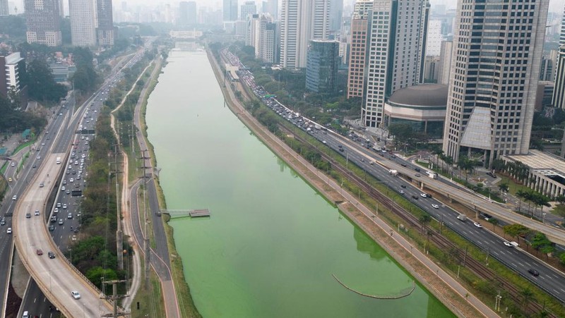 Pemandangan drone menunjukkan perkembangbiakan alga yang mengubah Sungai Pinheiros menjadi hijau setelah cuaca kering dan kurangnya hujan mengurangi kontribusi anak sungai, meningkatkan konsentrasi nutrisi dan mendukung pertumbuhan alga, di Sao Paulo, Brasil 10 September 2024. (REUTERS/Jorge Silva)