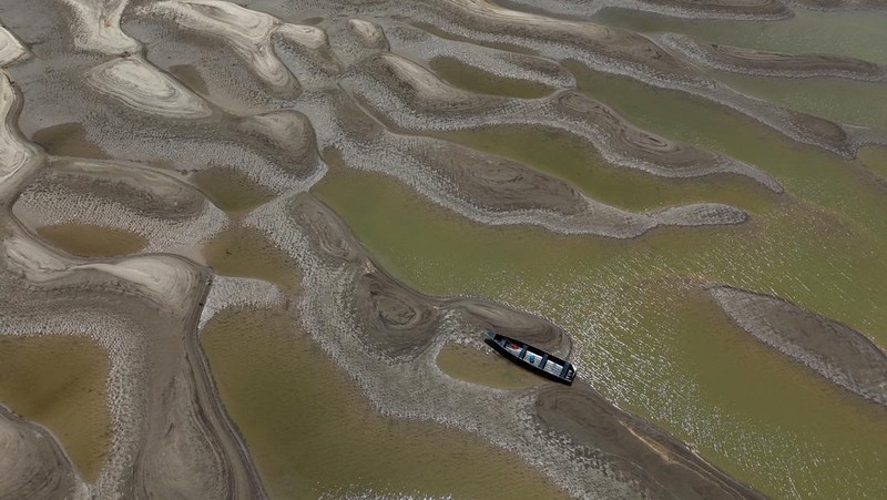 Permukaan air di sungai-sungai yang mengalir melalui hutan hujan Amazon yang luas telah menurun, setelah kekeringan yang memecahkan rekor diikuti oleh berkurangnya hujan. (REUTERS/Bruno Kelly)