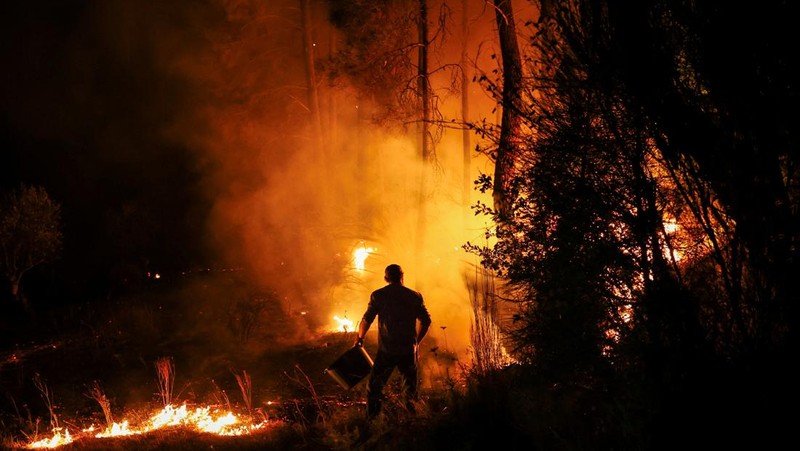 Seorang pria memegang ember selama kebakaran hutan di Nelas, Portugal, 16 September 2024. (REUTERS/Pedro Nunes)