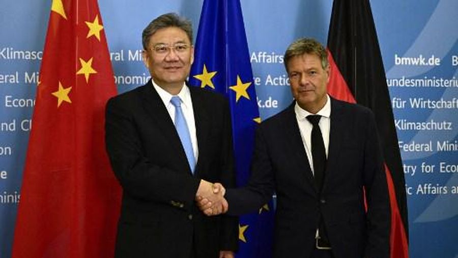 German Minister of Economics and Climate Protection Robert Habeck (R) shakes hands with China's Minister of Commerce Wang Wentao as they pose for photographers prior to bilateral talks on September 17, 2024 in Berlin. (Photo by John MACDOUGALL / AFP)