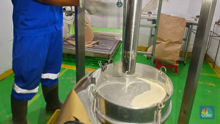 Proses produksi dari ikan segar menjadi bubuk Hidrolisat Protein Ikan (HPI) yang akan menjadi susu ikan di Indramayu, Jawa Barat. (CNBC Indonesia/Martyasari Rizky)