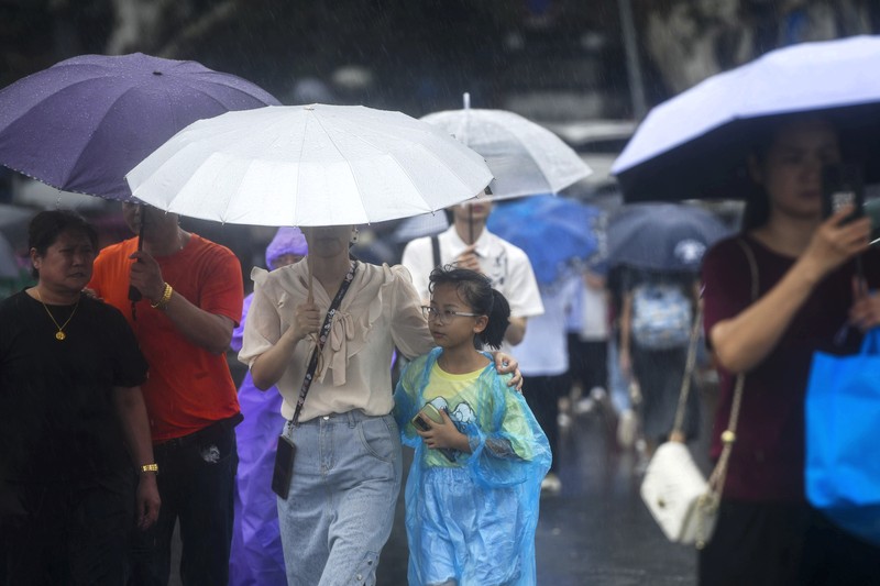 Dalam foto yang dirilis oleh Kantor Berita Xinhua ini, para pekerja membersihkan pohon tumbang di sepanjang jalan setelah Topan Bebinca di Shanghai, Tiongkok, Senin, 16 September 2024. (Chen Haoming/Xinhua via AP)