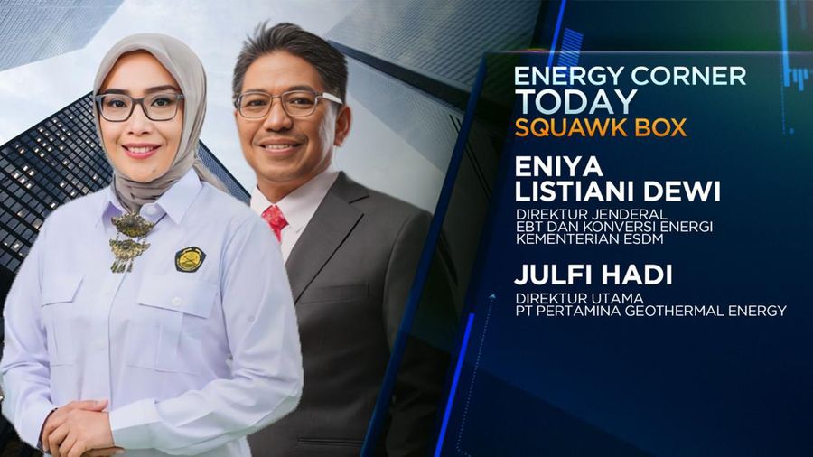 Direktur Jenderal EBT dan Konversi Energi Kementerian ESDM, Eniya Listiani Dewi dan Direktur Utama PT Pertamina Geothermal Energy, Julfi Hadi dalam program CNBC Indonesia Squawk Box. (CNBC Indonesia TV)
