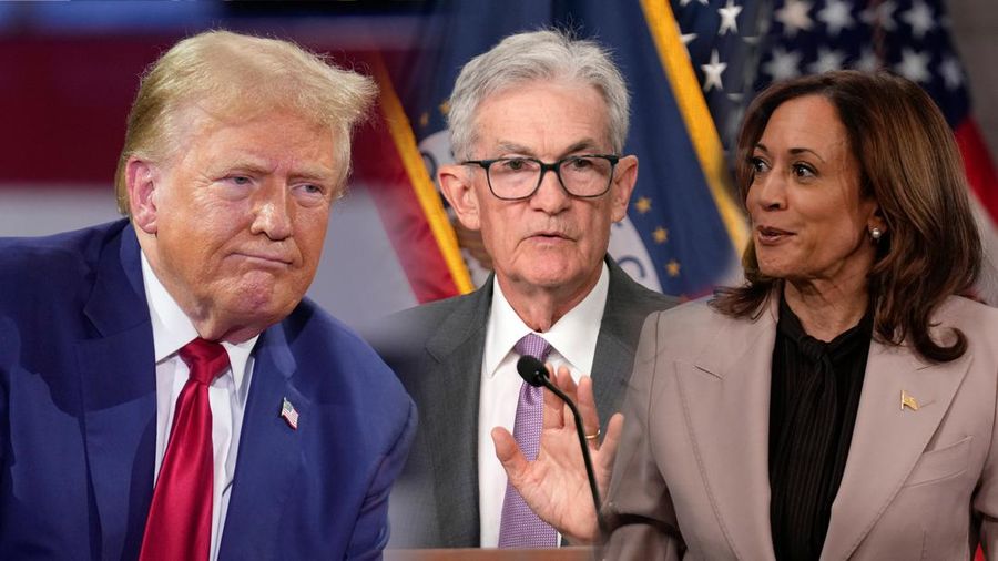 Foto kolase Calon Presiden AS Donald Trump, Ketua Federal Reserve Amerika Serikat, Jerome Powell, dan Calon Presiden AS Kamala Harris.
