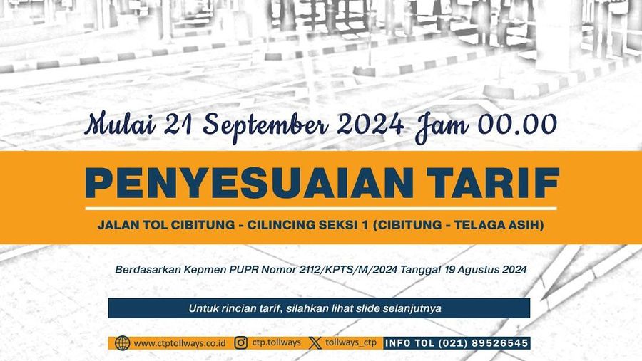 Mulai 21 September 2024 Jam 00.00, akan dilakukan penyesuaian tarif Jalan Tol Cibitung - Cilincing Seksi 1, Segmen JC Cibitung hingga IC Telaga Asih. (Tangkapan layar Instagram @ctp.tollways)