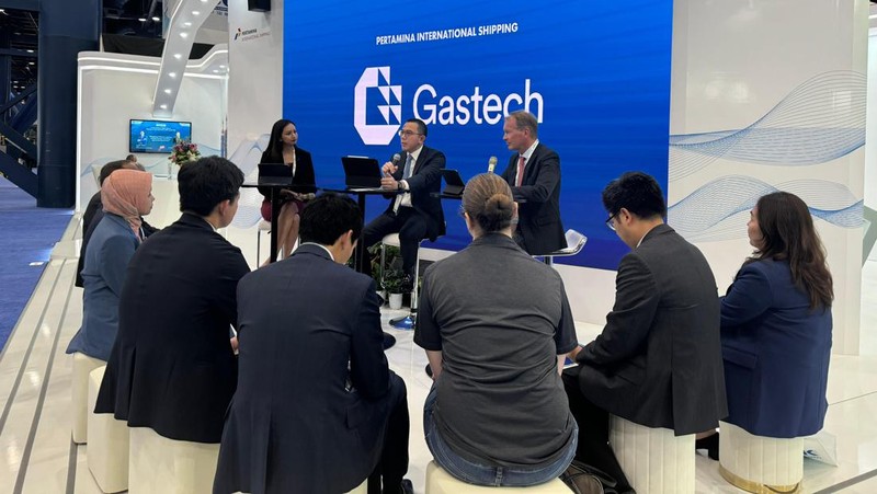 Suasana PT Pertamina International Shipping (PIS) dalam ajang Gastech 2024, pameran dan konferensi energi terbesar di dunia diadakan di Houston, Texas, Amerika Serikat. (CNBC Indonesia/Mohamad Triadiandono)