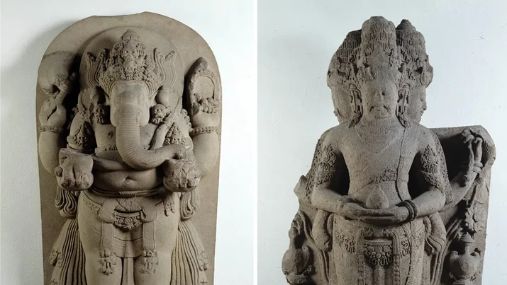 Dua patung batu berusia ratusan tahun, Ganesha, kiri, dan Brahma, termasuk di antara 288 barang yang dikembalikan ke Indonesia, bekas jajahan, oleh pemerintah Belanda pada hari Jumat (20/9/2024). (Dok: Museum Nasional Kebudayaan Dunia)