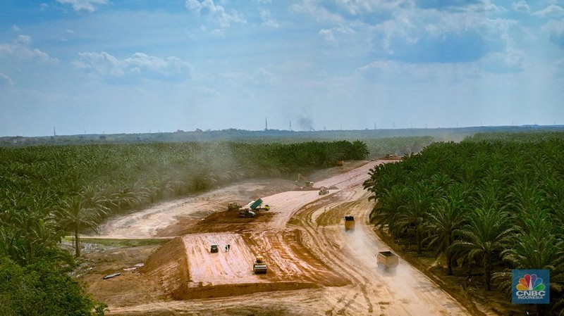 Beberapa pekerja mengoperasikan alat berat untuk meratakan tanah di proyek Tol Betung - Tempino - Jambi seksi 1A di Banyuasin, Palembang, Jumat (20/9/2024). (CNBC Indonesia/Tias Budiarto)