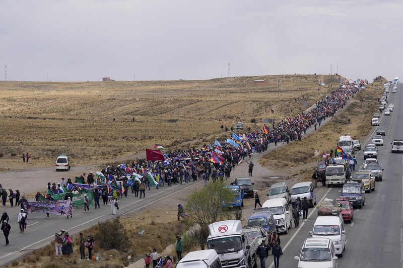 Bolivia Morales March A supporter of former President Evo Morales clashes with supporters of current President Luis Arce in El Alto, Bolivia, Sunday, Sept. 22, 2024. (AP Photo/Juan Karita)