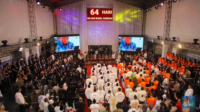 Komisi Pemilihan Umum Provinsi Daerah Khusus Ibu Kota Jakarta menggelar Rapat Pleno Terbuka Pengundian dan Penetapan Nomor Urut Pasangan Calon Peserta Pemilihan Gubernur dan Wakil Gubernur DKI Jakarta Tahun 2024 di kantor KPUD Provinsi DKI Jakarta, Senin (23/9/2024).