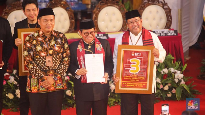 Komisi Pemilihan Umum Provinsi Daerah Khusus Ibu Kota Jakarta menggelar Rapat Pleno Terbuka Pengundian dan Penetapan Nomor Urut Pasangan Calon Peserta Pemilihan Gubernur dan Wakil Gubernur DKI Jakarta Tahun 2024 di kantor KPUD Provinsi DKI Jakarta, Senin (23/9/2024).