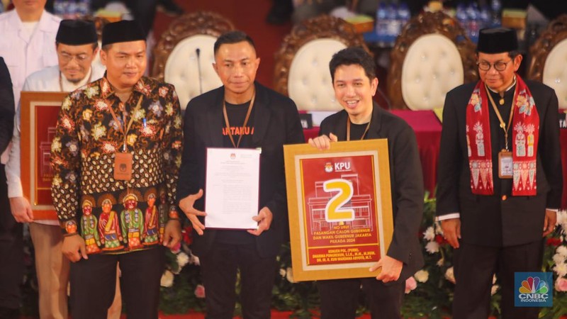 Komisi Pemilihan Umum Provinsi Daerah Khusus Ibu Kota Jakarta menggelar Rapat Pleno Terbuka Pengundian dan Penetapan Nomor Urut Pasangan Calon Peserta Pemilihan Gubernur dan Wakil Gubernur DKI Jakarta Tahun 2024 di kantor KPUD Provinsi DKI Jakarta, Senin (23/9/2024).