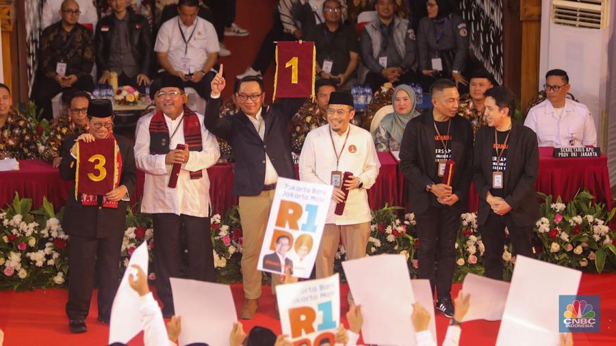 Komisi Pemilihan Umum Provinsi Daerah Khusus Ibu Kota Jakarta menggelar Rapat Pleno Terbuka Pengundian dan Penetapan Nomor Urut Pasangan Calon Peserta Pemilihan Gubernur dan Wakil Gubernur DKI Jakarta Tahun 2024 di kantor KPUD Provinsi DKI Jakarta, Senin (23/9/2024).