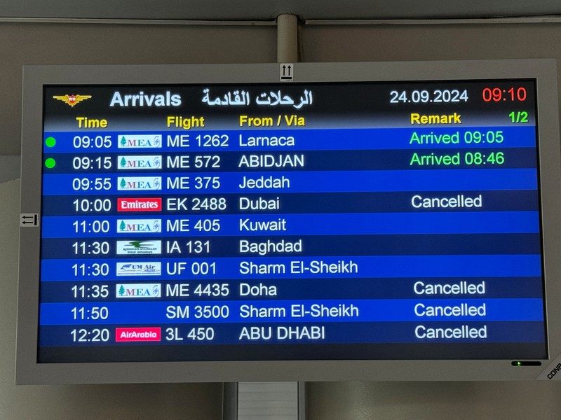Sebanyak lebih dari 30 penerbangan dari dan menuju Beirut dibatalkan pada Selasa (24/9/2024), berdasarkan informasi dari situs web Bandara Internasional Rafic Hariri di Beirut, Lebanon. (Tangkapan Layar Video Reuters/BEIRUT - RAFIC HARIRI INTERNATIONAL AIRPORT WEBSITE) Sebanyak lebih dari 30 penerbangan dari dan menuju Beirut dibatalkan pada Selasa (24/9/2024), berdasarkan informasi dari situs web Bandara Internasional Rafic Hariri di Beirut, Lebanon. (Tangkapan Layar Video Reuters/BEIRUT - RAFIC HARIRI INTERNATIONAL AIRPORT WEBSITE)