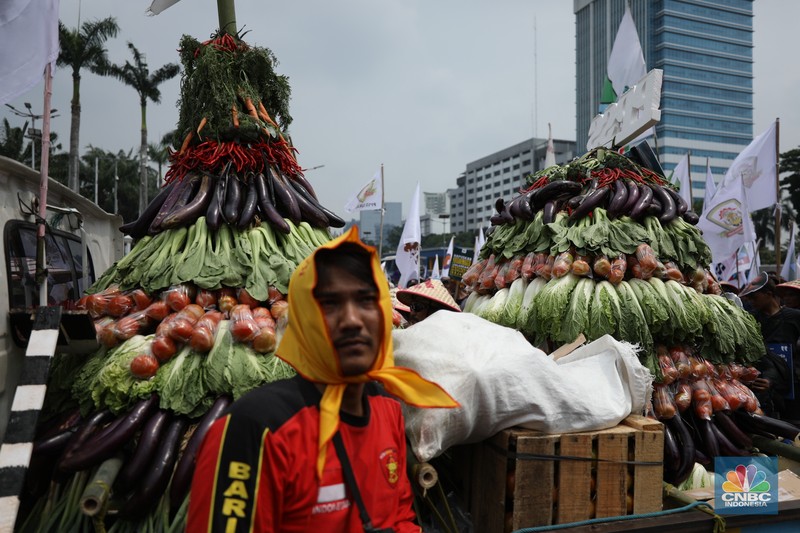 Ratusan buruh dan petani menggelar aksi unjuk rasa di Gedung DPR RI pada Selasa (24/9/2024). Unjuk rasa ini dalam rangka memperingati Hari Tani Nasional. (CNBC Indonesia/Tri Susilo)