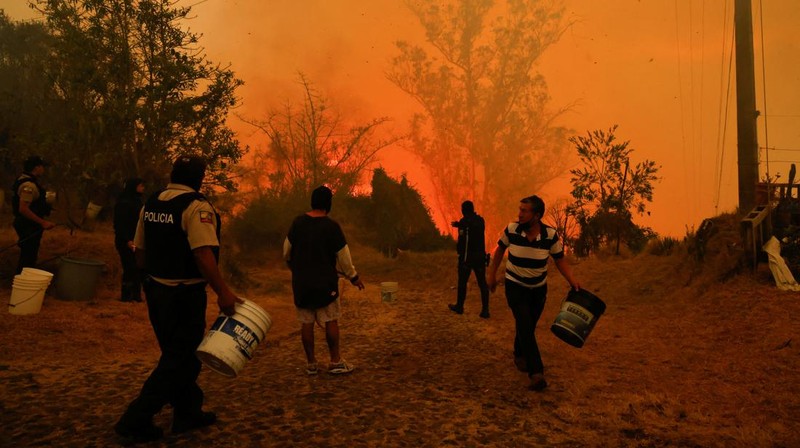 Seorang agen transit mengendarai sepeda motor saat kebakaran hutan melanda, di Quito, Ekuador, 24 September 2024. (REUTERS/Karen Toro)