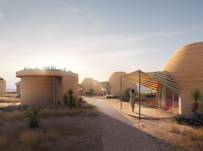 Sebuah rendering hunian cetak 3D di hotel dan perkemahan El Cosmico di Marfa, Texas, AS, dalam gambar selebaran yang tidak bertanggal ini. (ICON/Handout via REUTERS)