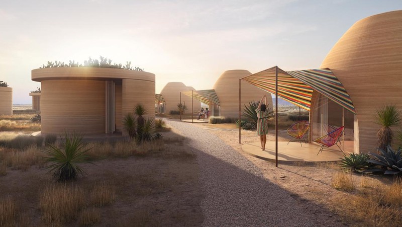 Sebuah rendering hunian cetak 3D di hotel dan perkemahan El Cosmico di Marfa, Texas, AS, dalam gambar selebaran yang tidak bertanggal ini. (ICON/Handout via REUTERS)