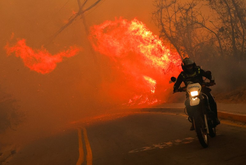 Seorang agen transit mengendarai sepeda motor saat kebakaran hutan melanda, di Quito, Ekuador, 24 September 2024. (REUTERS/Karen Toro)