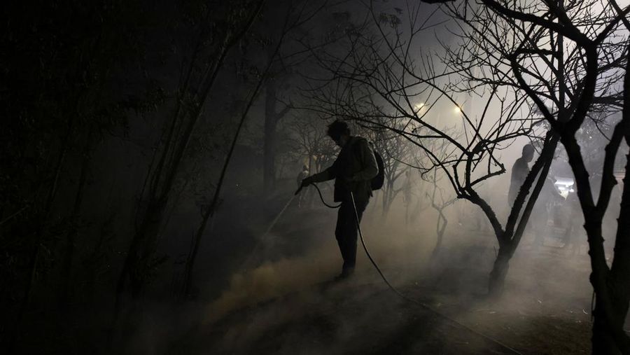 Seorang pria menggunakan selang untuk membantu memadamkan kebakaran hutan, di Quito, Ekuador, 24 September 2024. (REUTERS/David Diaz Arcos)