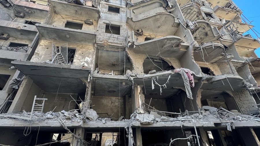 A view shows a damaged building at the site of the Israeli air strike that killed Lebanon's Hezbollah leader Sayyed Hassan Nasrallah on Friday, in Beirut's southern suburbs, Lebanon, September 29, 2024.  REUTERS/Ahmad Al-Kerdi
