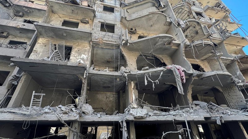 A view shows a damaged building at the site of the Israeli air strike that killed Lebanon's Hezbollah leader Sayyed Hassan Nasrallah on Friday, in Beirut's southern suburbs, Lebanon, September 29, 2024.  REUTERS/Ahmad Al-Kerdi