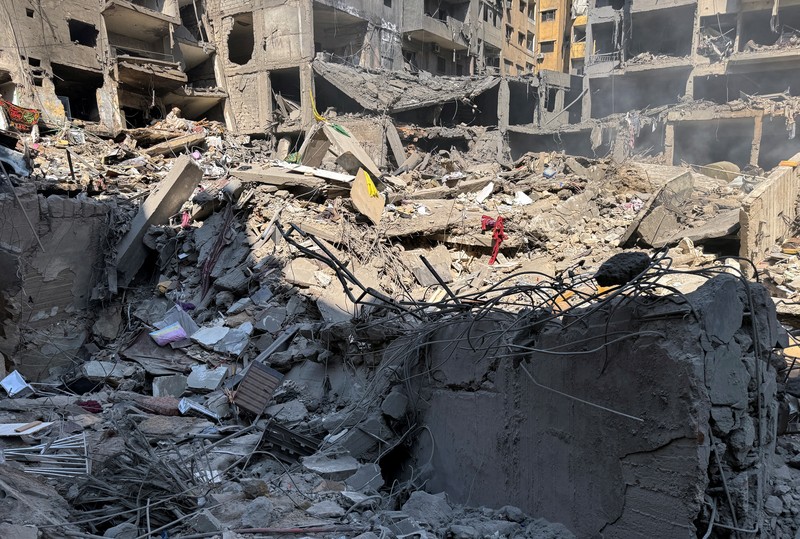 ISRAEL-PALESTINIANS/LEBANON A view shows a damaged building at the site of the Israeli air strike that killed Lebanon's Hezbollah leader Sayyed Hassan Nasrallah on Friday, in Beirut's southern suburbs, Lebanon, September 29, 2024. REUTERS/Ahmad Al-Kerdi