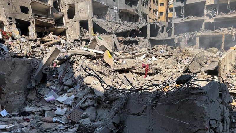 A view shows a damaged building at the site of the Israeli air strike that killed Lebanon's Hezbollah leader Sayyed Hassan Nasrallah on Friday, in Beirut's southern suburbs, Lebanon, September 29, 2024.  REUTERS/Ahmad Al-Kerdi