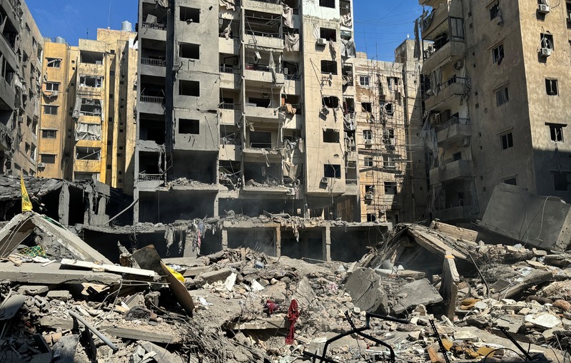 A view shows a damaged building at the site of the Israeli air strike that killed Lebanon's Hezbollah leader Sayyed Hassan Nasrallah on Friday, in Beirut's southern suburbs, Lebanon, September 29, 2024.  REUTERS/Ahmad Al-Kerdi
