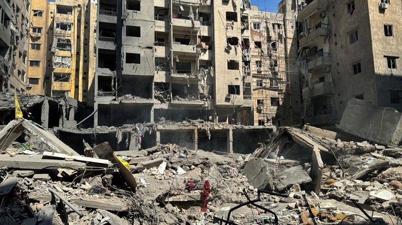 A view shows a damaged building at the site of the Israeli air strike that killed Lebanon's Hezbollah leader Sayyed Hassan Nasrallah on Friday, in Beirut's southern suburbs, Lebanon, September 29, 2024.  REUTERS/Ahmad Al-Kerdi