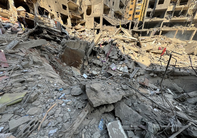 ISRAEL-PALESTINIANS/LEBANON A view shows a damaged building at the site of the Israeli air strike that killed Lebanon's Hezbollah leader Sayyed Hassan Nasrallah on Friday, in Beirut's southern suburbs, Lebanon, September 29, 2024. REUTERS/Ahmad Al-Kerdi