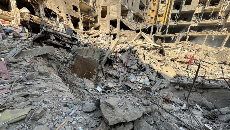 A view shows a damaged building at the site of the Israeli air strike that killed Lebanon's Hezbollah leader Sayyed Hassan Nasrallah on Friday, in Beirut's southern suburbs, Lebanon, September 29, 2024.  REUTERS/Ahmad Al-Kerdi