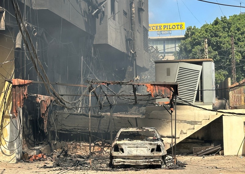 A view shows a damaged building at the site of the Israeli air strike that killed Lebanon's Hezbollah leader Sayyed Hassan Nasrallah on Friday, in Beirut's southern suburbs, Lebanon, September 29, 2024.  REUTERS/Ahmad Al-Kerdi