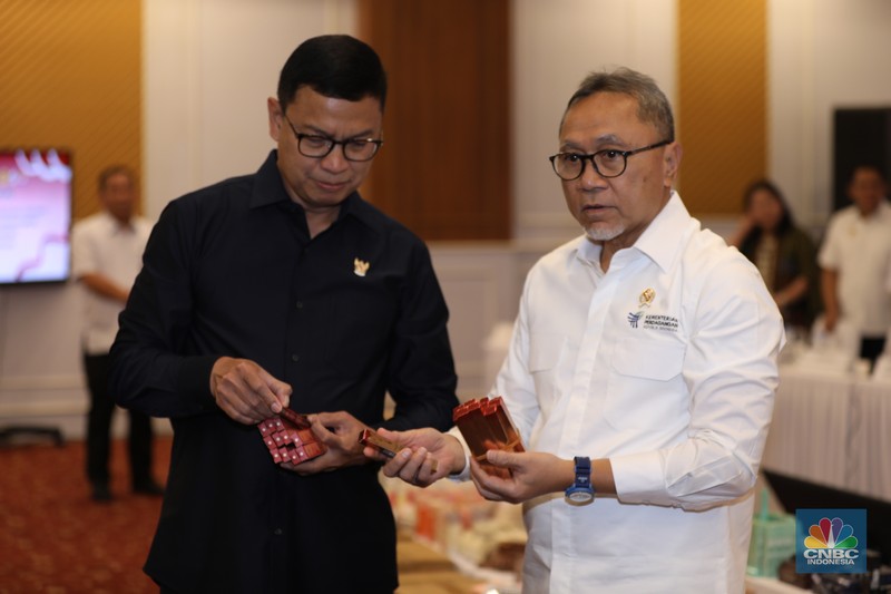 Menteri Perdagangan Zulkifli Hasan mengamati dan memeriksa produk-produk Kosmetik Impor Ilegal saat konferensi pers satuan tugas pengawasan barang tertentu yang diberlakukan Tata Niaga Impor Ilegal di Kantor BPOM RI, Jakarta, Senin (30/9/2024). Menteri Perdagangan Zulkifli Hasan mengamati dan memeriksa produk-produk Kosmetik Impor Ilegal saat konferensi pers satuan tugas pengawasan barang tertentu yang diberlakukan Tata Niaga Impor Ilegal di Kantor BPOM RI, Jakarta, Senin (30/9/2024). (CNBC Indonesia/Tri Susilo)