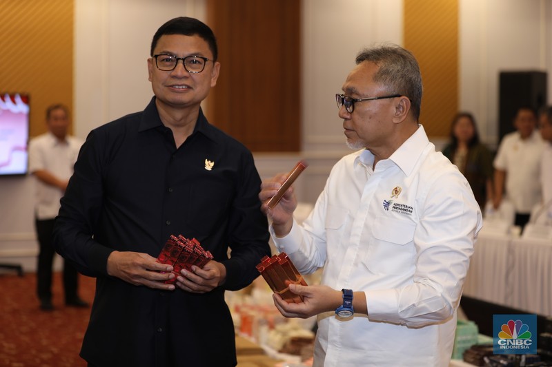 Menteri Perdagangan Zulkifli Hasan mengamati dan memeriksa produk-produk Kosmetik Impor Ilegal saat konferensi pers satuan tugas pengawasan barang tertentu yang diberlakukan Tata Niaga Impor Ilegal di Kantor BPOM RI, Jakarta, Senin (30/9/2024). (CNBC Indonesia/Tri Susilo)