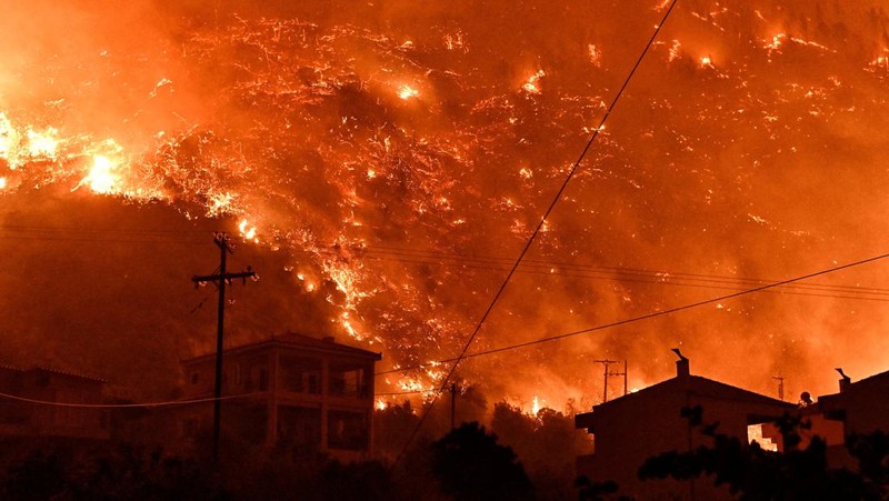 Seorang petugas pemadam kebakaran berusaha memadamkan kebakaran hutan yang terjadi di dekat desa Kallithea, dekat Korintus, Yunani, Senin (30/9/2024). (REUTERS/Vassilis Psomas)