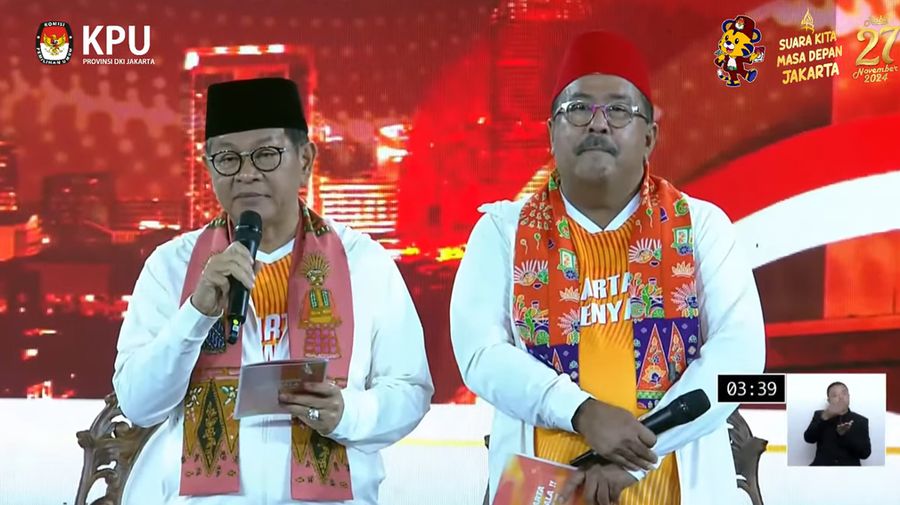 Calon Gubernur dan calon wakil Gubernur no urut 03 Pramono Anung - Rano Karno di acara Debat Pertama Calon Gubernur dan Calon Wakil Gubernur DKI Jakarta. (Tangkapan Layar Youtube KPUD)