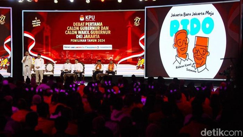 Pasangan Calon Gubernur dan Wakil Gubernur no urut 01 Ridwan Kamil-Suswono di acara Debat Pertama Calon Gubernur dan Calon Wakil Gubernur DKI Jakarta. (Detikcom/Andhika Prasetia)