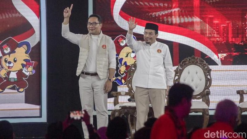 Pasangan Calon Gubernur dan Wakil Gubernur no urut 01 Ridwan Kamil-Suswono di acara Debat Pertama Calon Gubernur dan Calon Wakil Gubernur DKI Jakarta. (Detikcom/Andhika Prasetia)